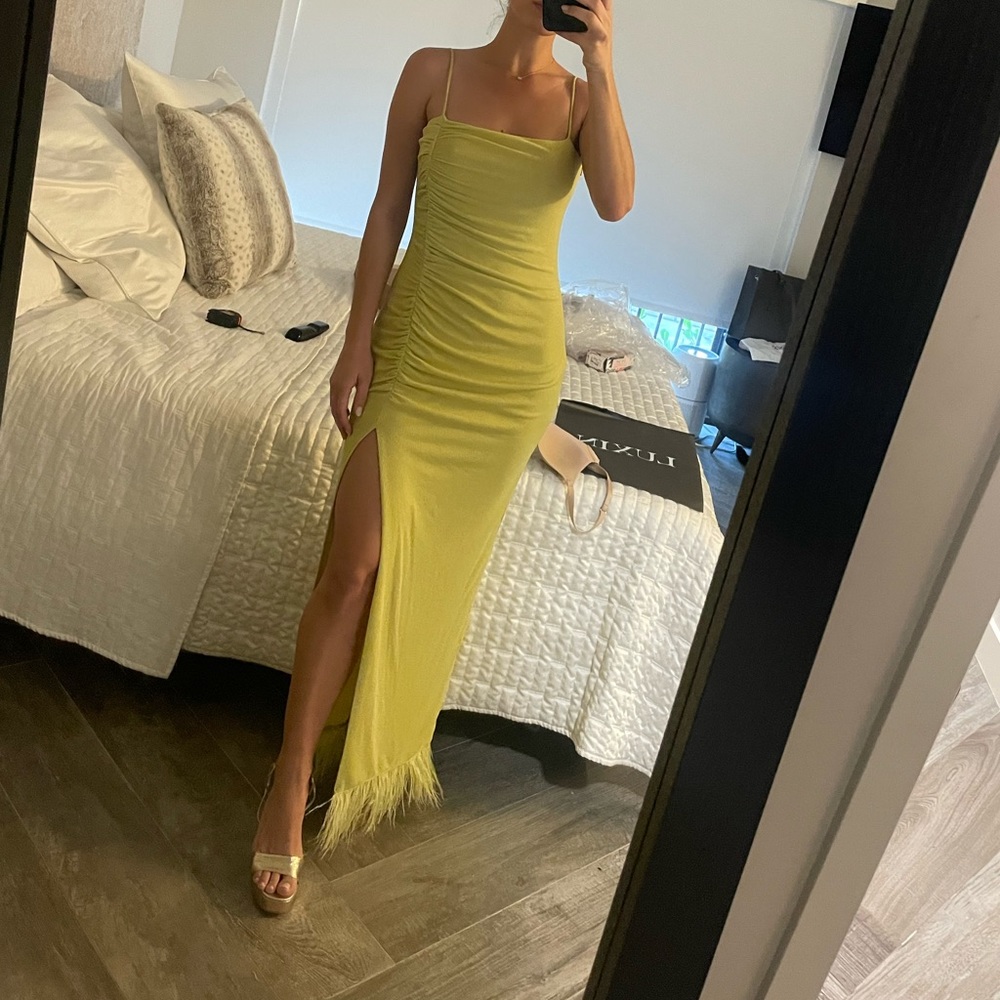 Beautiful never before worn feathered trim dress